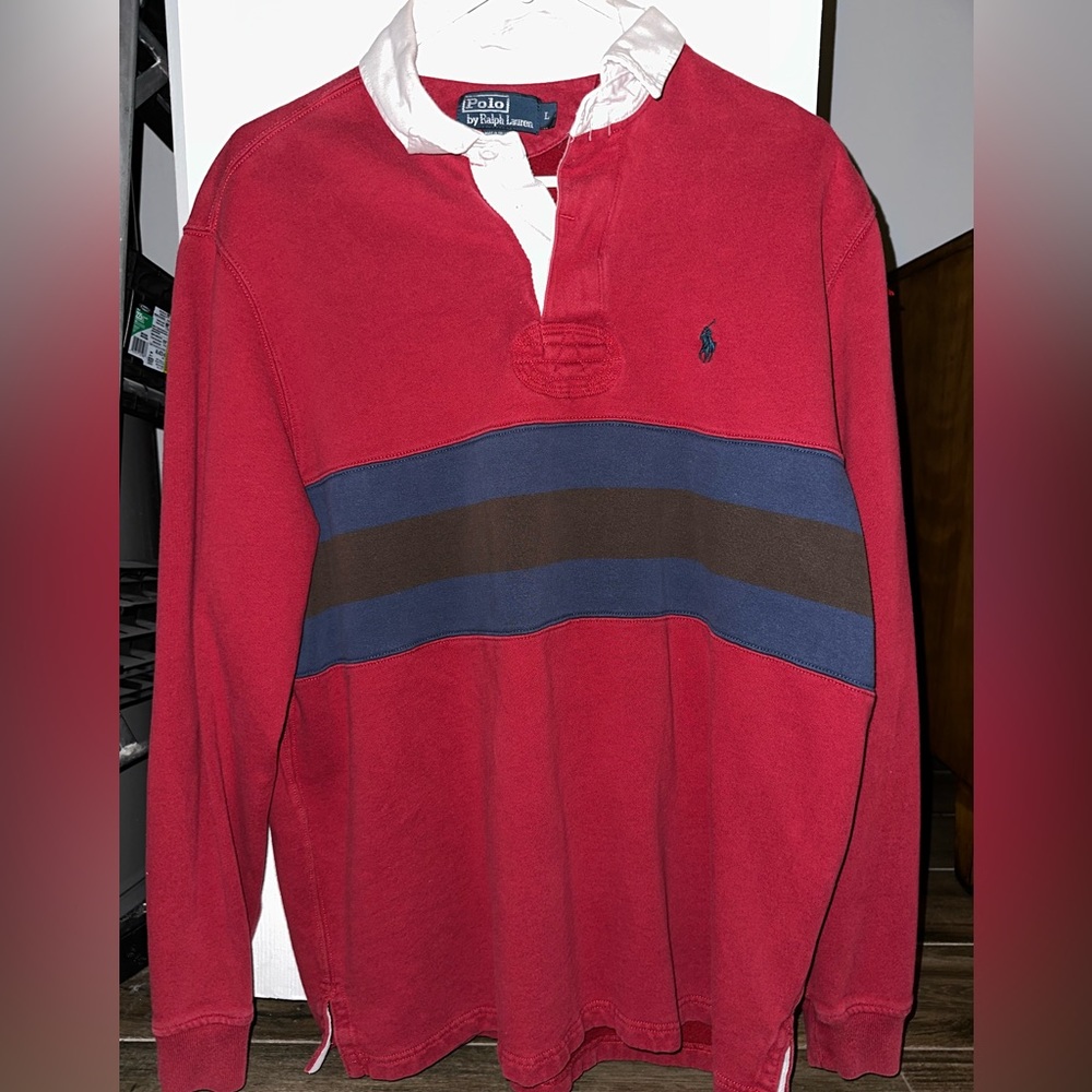 Vintage Polo Ralph Lauren Collared Long Sleeve Rugby Shirt Red with Blue Stripes